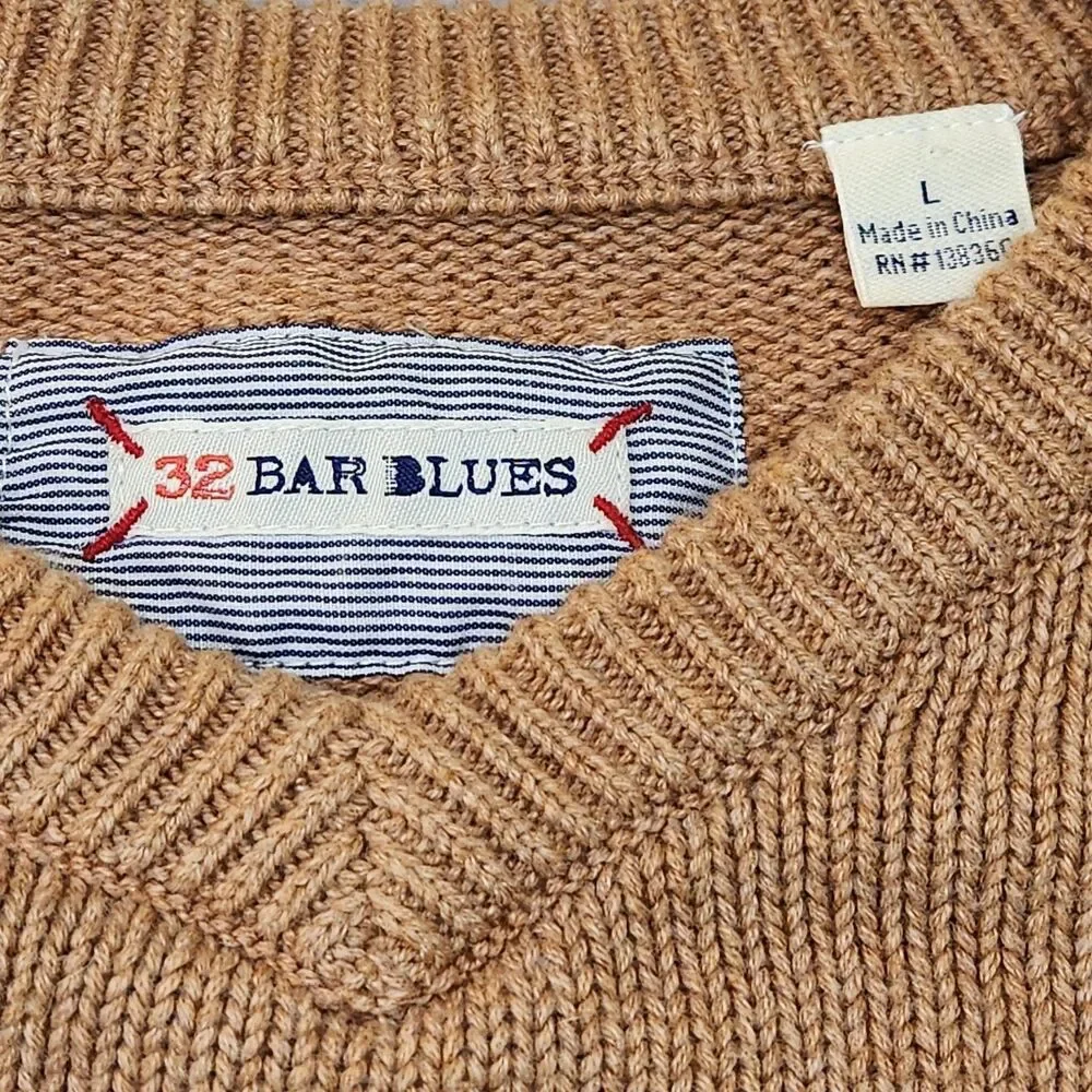 32‎ Bar Blues Sweater Men's L Brown Chunky Knit Elbow Patches V-Neck Fisherman